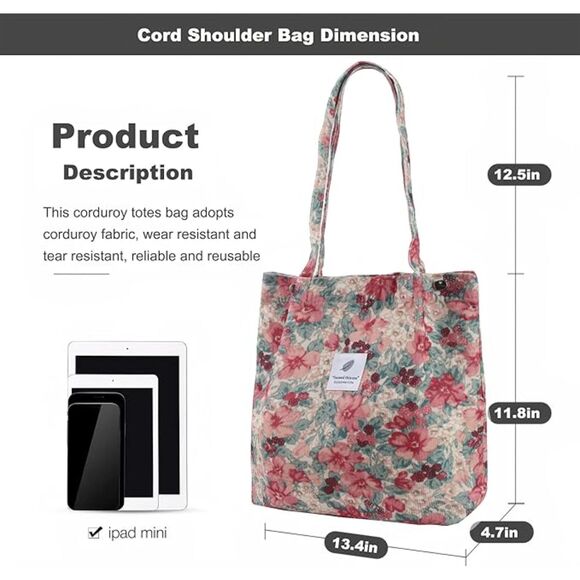 Women Pink Floral Imported Corduroy Small Canvas Shoulder Handy Tote Bag - Picture 3 of 4